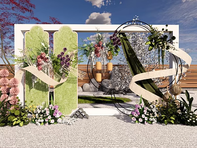Outdoor Floral Decorative Scene With Green Arch Circular Ornaments And Colorful Flowers 3d model
