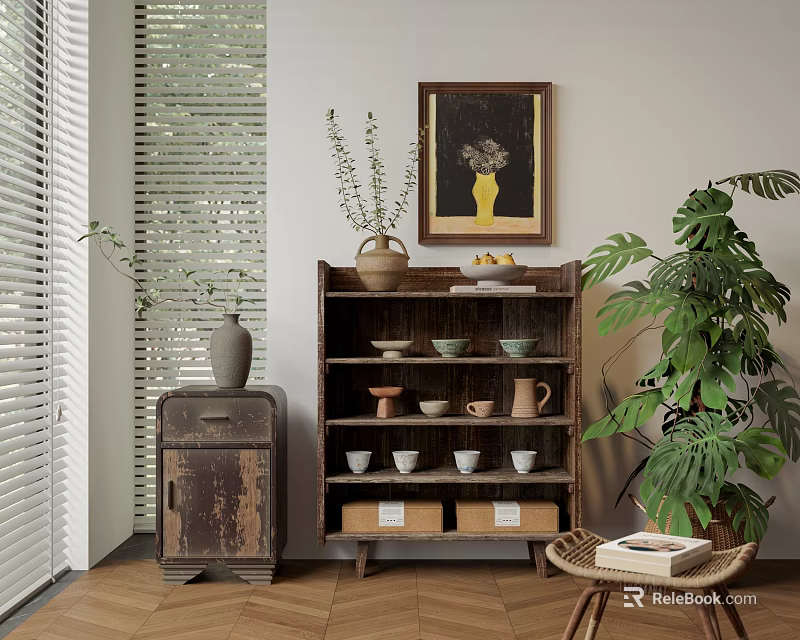Natural Style Decorative Cabinet Interior With Framed Painting Green Plants And Ceramic Bowls 3d model 