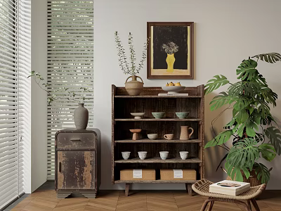 Natural Style Decorative Cabinet Interior With Framed Painting Green Plants And Ceramic Bowls 3d model