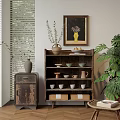 Natural Style Decorative Cabinet Interior With Framed Painting Green Plants And Ceramic Bowls