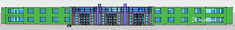 Modern Two Story Office Building With Green Exterior And Blue Windows 3d model 