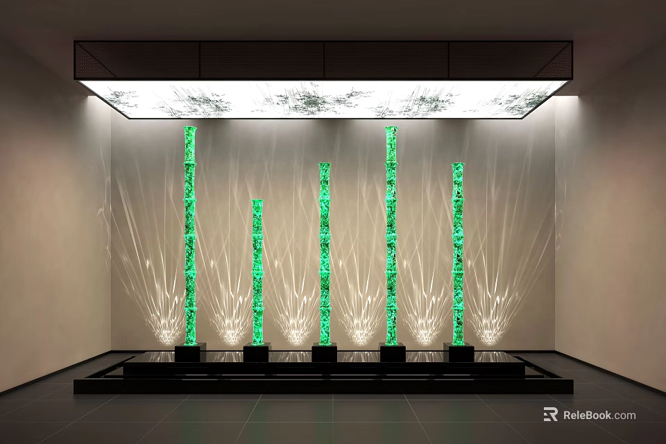 Green Textured Vertical Art Installation With Light Shadow Projections And Ceiling Lighting 3d model 
