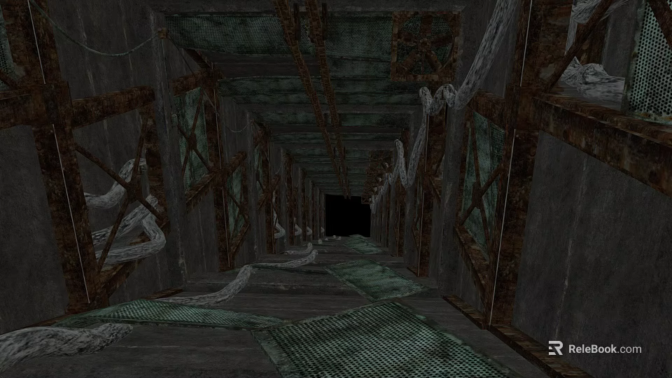 Abandoned Industrial Corridor With Rusted Metal Frames Dark Environment And Endless Tunnel 3d model 