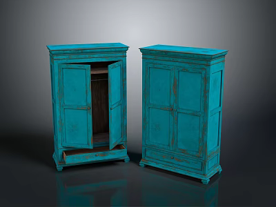 Vintage Blue Wooden Cabinets with Double Doors and One Open Door 3d model