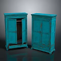Vintage Blue Wooden Cabinets with Double Doors and One Open Door