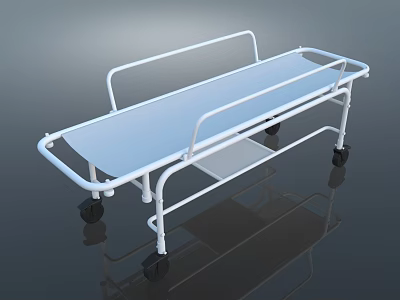 Medical Stretcher Trolley With White Frame Blue Mattress Side Rails And Wheels 3d model