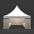 White Pointed Roof Tent With Hanging Side Curtains And Drapery Design