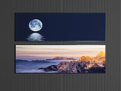 Stunning Landscape Painting With Full Moon Reflection Misty Mountains And Golden Sunset Light 3d model