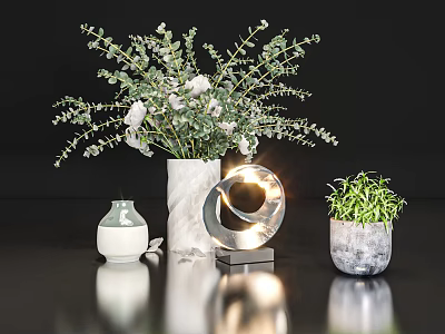 Stylish Decorative Ornament Set With Potted Green Plants White Flower Vase And Circular Lamp Ornament 3d model