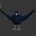 Cartoon Dark Blue Bird with Spread Wings Yellow Eyes Orange Beak Pink Claws Grey Background