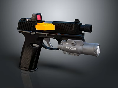 Tactical Pistol Featuring Red Dot Sight Tactical Flashlight Black Frame Yellow Accessory and Textured Grip 3d model