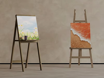 Two Wooden Easels Display Landscape With Yellow Flowers And Beach Wave Paintings Against Gray Wall 3d model
