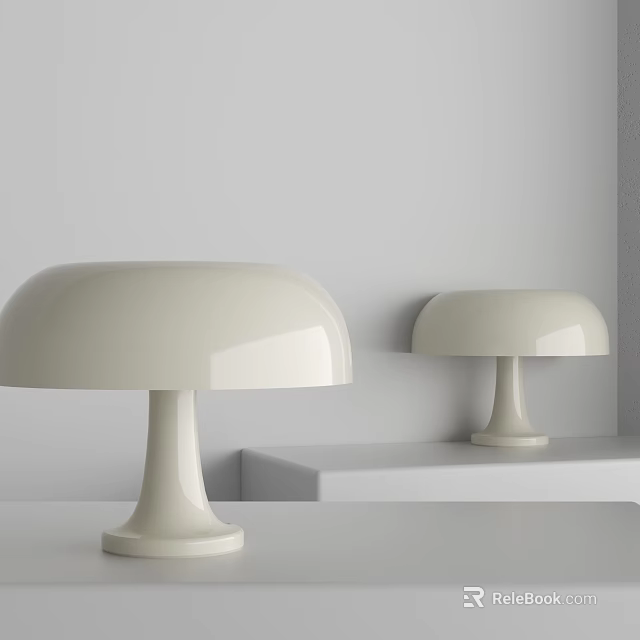 Two White Mushroom Shaped Table Lamps on White Shelf Against White Wall 3d model 