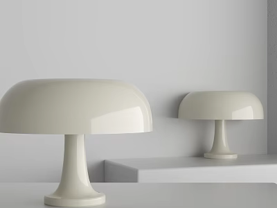 Two White Mushroom Shaped Table Lamps on White Shelf Against White Wall 3d model