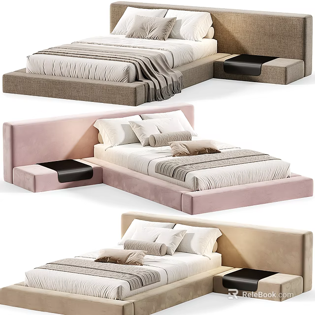 Minimalist Modern Double Bed Designs In Soft Tones With Upholstered Headboards And Platform Bases 3d model 