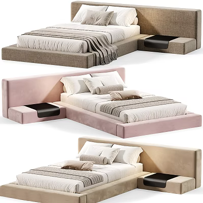 Minimalist Modern Double Bed Designs In Soft Tones With Upholstered Headboards And Platform Bases 3d model