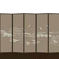 Oriental Folding Screen with Landscape and Crane Patterns Dark Frame Beige Panels 3d model