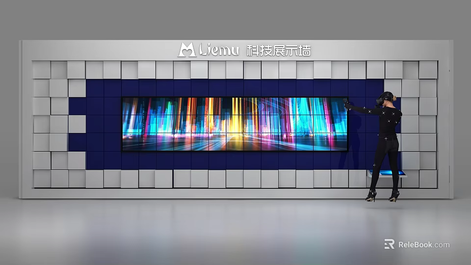 Interactive Backdrop Wall with White and Blue Square Panels Large Screen and Colorful Light Effects 3d model