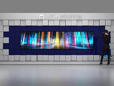 Interactive Backdrop Wall with White and Blue Square Panels Large Screen and Colorful Light Effects 3d model