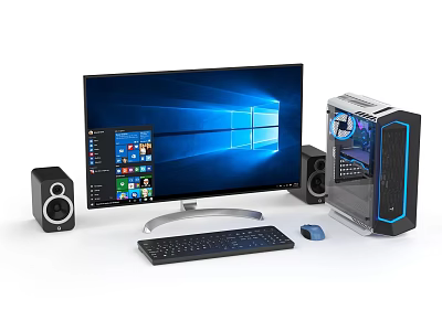 Modern Desktop Computer Setup With Large Monitor RGB PC Case Keyboard Mouse And Speakers 3d model