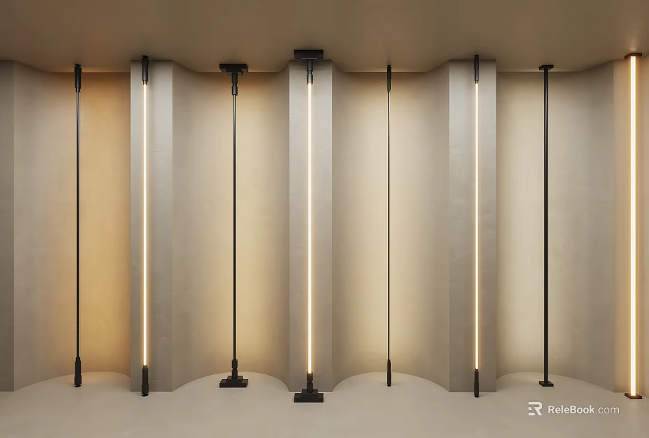 Minimalist Interior With Illuminated Vertical Light Fixtures And Curved Walls 3d model 