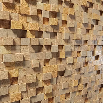 Natural Wooden Wall With Wood Blocks Arrangement And Warm Decorative Texture 3d model