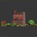 Whimsical Cartoon Cottage With Red Roof Chimney Barrels Green Shrubs And Wooden Fence
