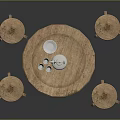 Rustic Wooden Round Table Set With Matching Stools Teapot And Cups On Top