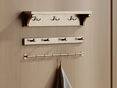 Three Wall Mounted Racks With Hooks Hanging On Wooden Wall And Towel 3d model