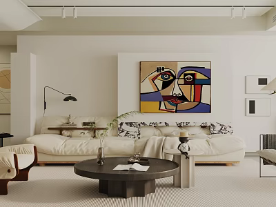 Modern Minimalist Living Room With Soft Large Sofa Round Coffee Table And Abstract Wall Art 3d model