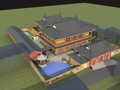 Ancient Chinese Architectural Complex With Tile Roofs Courtyard Pond And Pavilion 3d model
