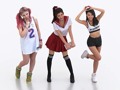 Three Young Women in Different Outfits Posing with Sporty Dress Sailor Uniform Crop Top Shorts 3d model