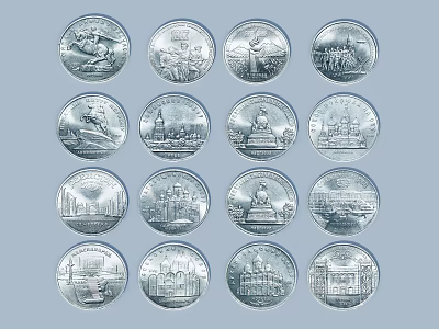Elegant Silver Coin Jewelry Collection Featuring Diverse Architectural And Figurine Engravings 3d model