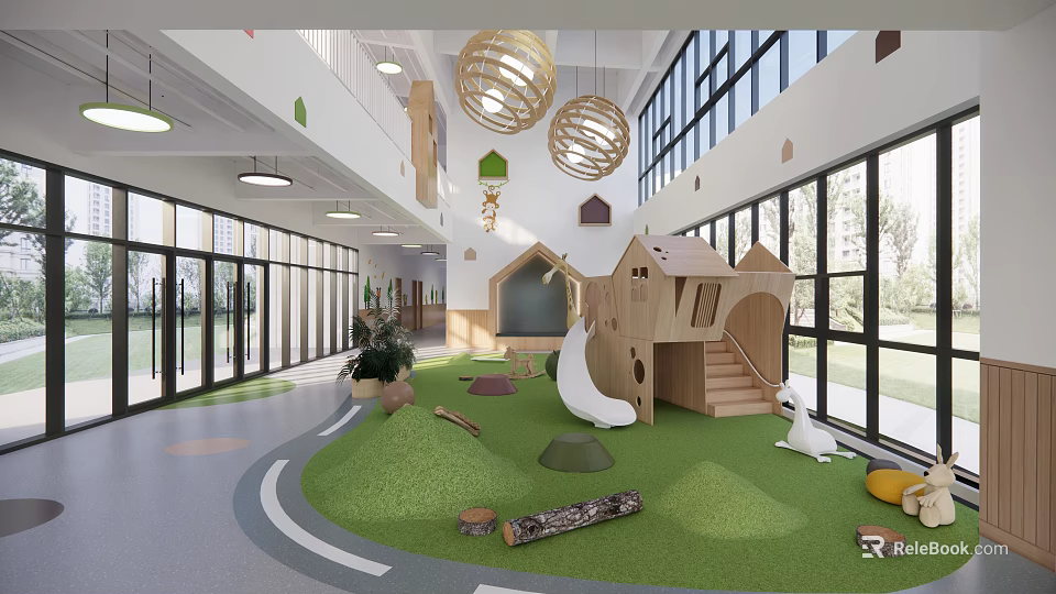Bright Kindergarten Interior With Green Turf Floor Wooden Playhouse Slide Hanging Spherical Lights And Large Windows 3d model 