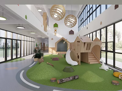 Bright Kindergarten Interior With Green Turf Floor Wooden Playhouse Slide Hanging Spherical Lights And Large Windows 3d model