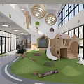 Bright Kindergarten Interior With Green Turf Floor Wooden Playhouse Slide Hanging Spherical Lights And Large Windows