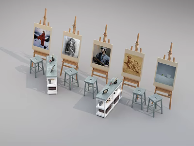 Musical Instruments and Art Supplies Display with Easels Paintings and Stools 3d model