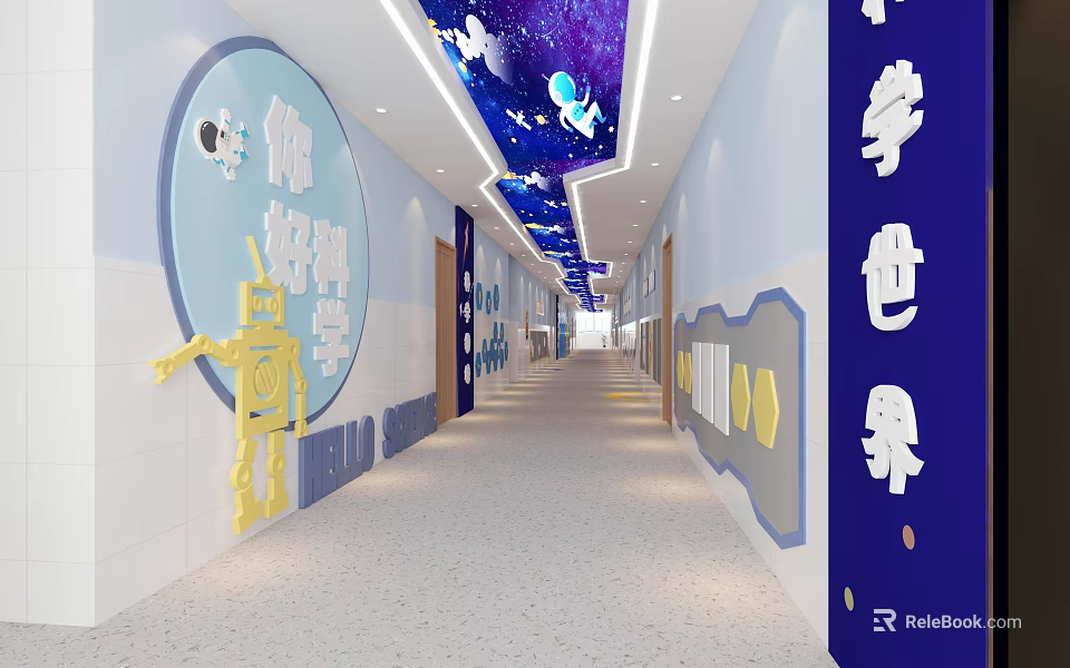 Elevator Corridor with Starry Sky Ceiling Science Themed Wall Decor and Child Friendly Robot Accents 3d model 