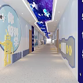 Elevator Corridor with Starry Sky Ceiling Science Themed Wall Decor and Child Friendly Robot Accents 3d model