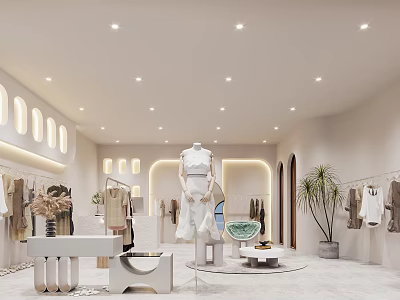 Modern Minimalist Clothing Store Interior With White Mannequin Hanging Clothes Table Plants And Warm Lighting 3d model