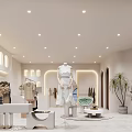 Modern Minimalist Clothing Store Interior With White Mannequin Hanging Clothes Table Plants And Warm Lighting