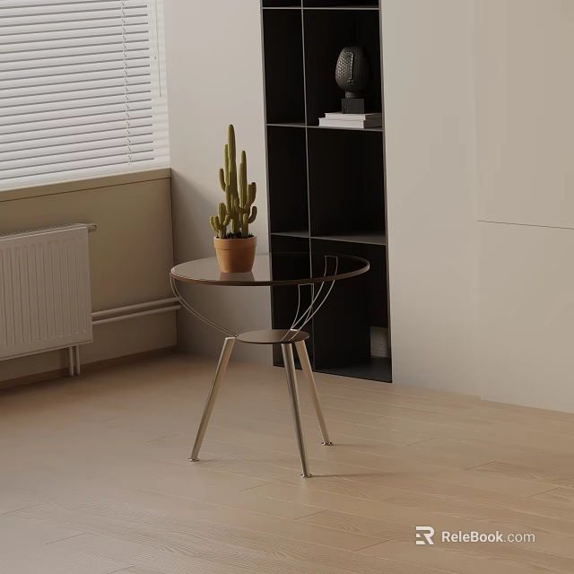 Modern Bedside Table With Glass Top And Metal Legs Near Bookshelf And Cactus 3d model 