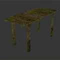 Rustic Handcrafted Wooden Table With Red Yellow Planked Tabletop And Textured Legs