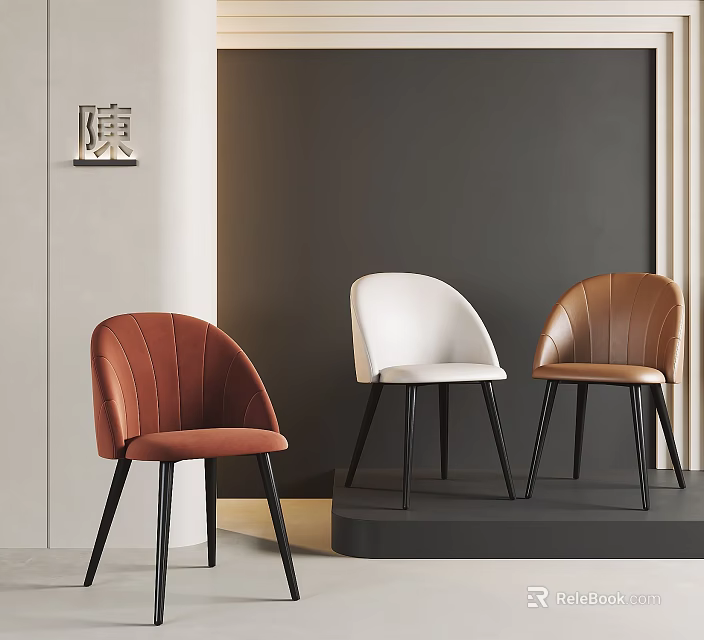 Contemporary Leisure Chairs in Red White Brown Hues with Black Legs Minimalist Grey Wall 3d model 