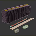 Black Stationery Pencil Case With Red Pencil Ruler Eraser And Small Cube