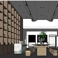 Modern Tea House Interior With Wooden Bookshelves Central Table And Green Plants