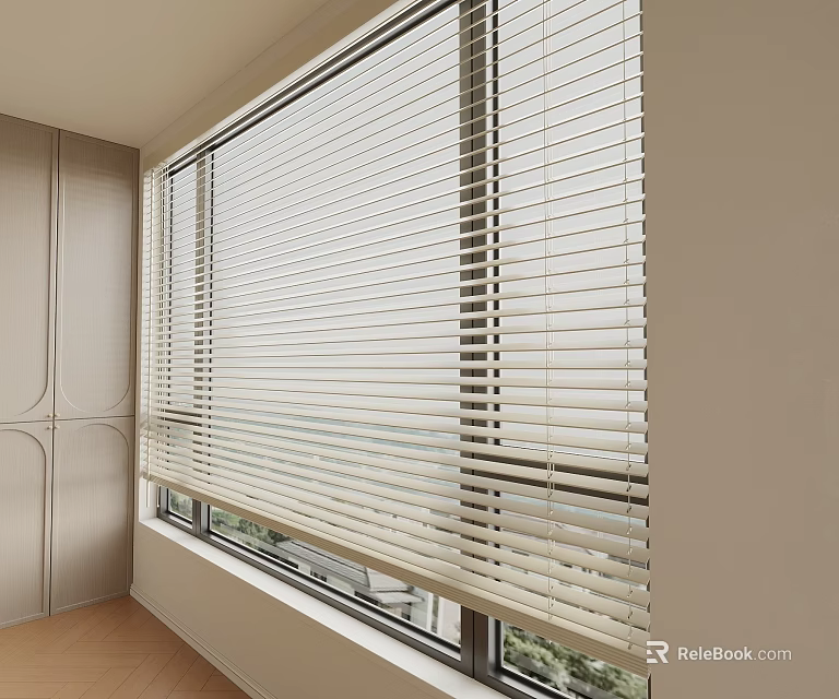 Modern Interior With Light Colored Venetian Blinds Installed On Large Window And Wooden Floor 3d model 