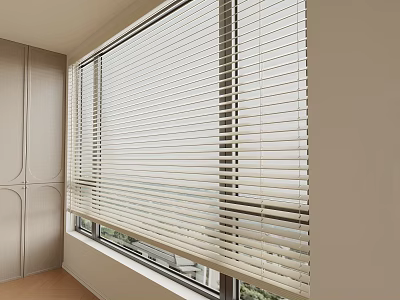 Modern Interior With Light Colored Venetian Blinds Installed On Large Window And Wooden Floor 3d model