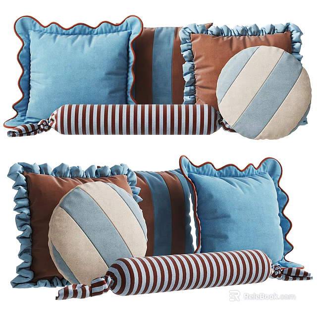 Stylish Decorative Pillows in Blue and Brown with Striped Round Shapes and Ruffled Edges 3d model 
