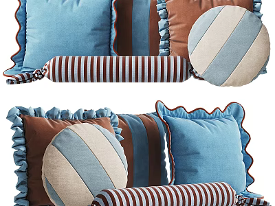 Stylish Decorative Pillows in Blue and Brown with Striped Round Shapes and Ruffled Edges 3d model